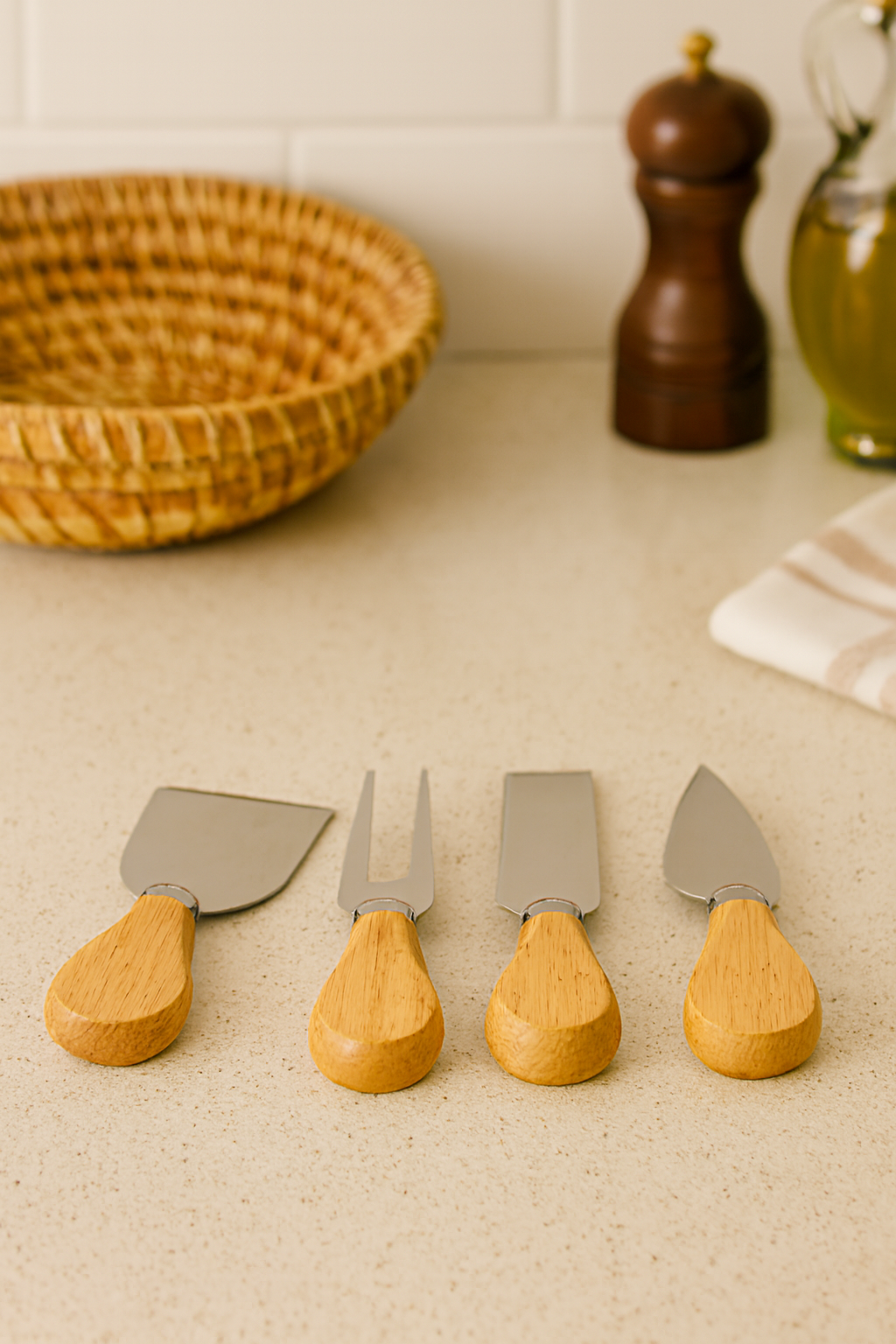 4-Piece Cheese Knife Set – 12cm Stainless Steel & Wooden Handle | Aura Luxe Collection