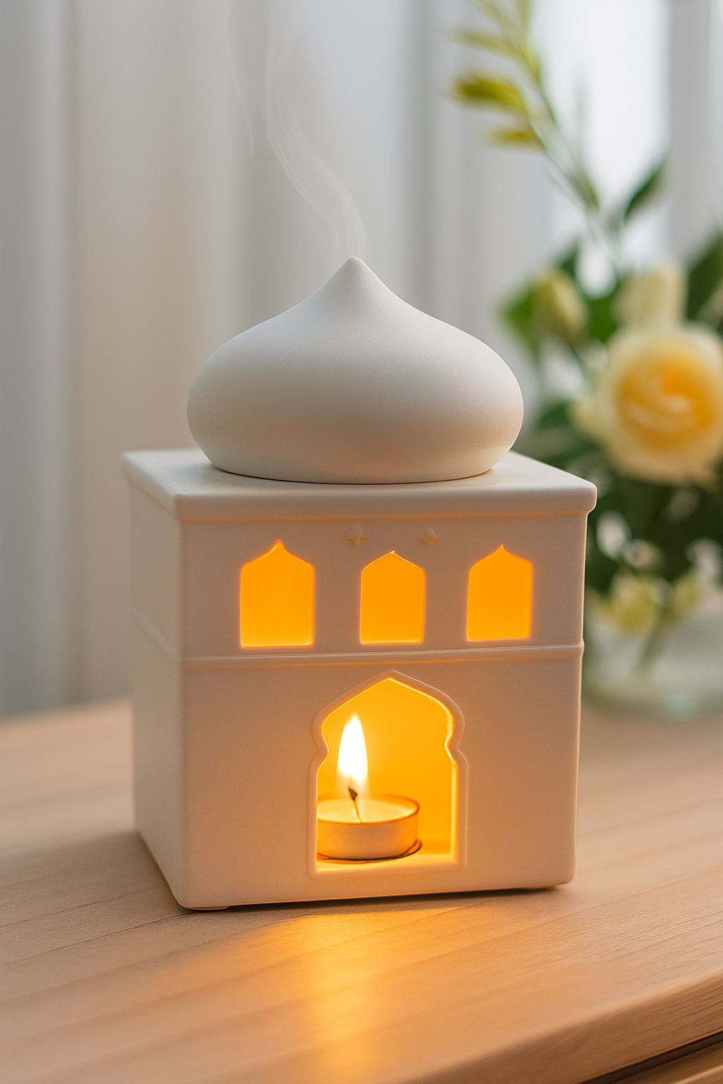 Off White Mosque Oil Burner & Incense Cone Holder – Elegant Ceramic Decor | Aura Luxe Collection