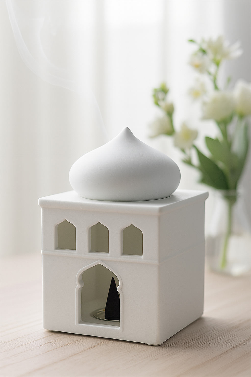 Off White Mosque Oil Burner & Incense Cone Holder – Elegant Ceramic Decor | Aura Luxe Collection