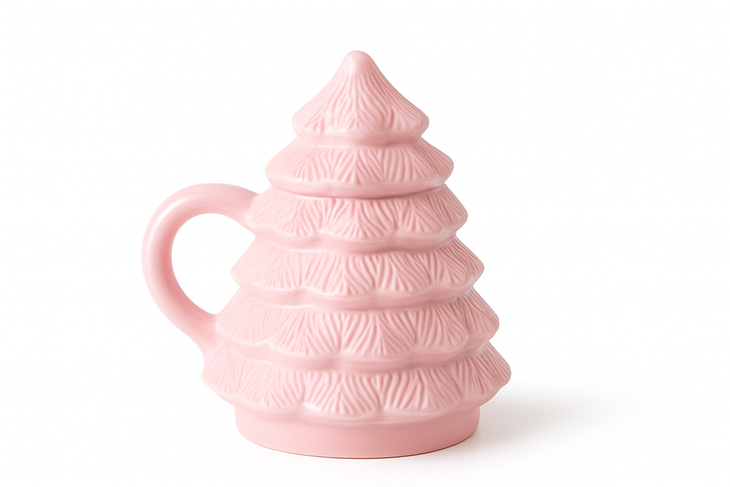 Pink Christmas Tree Shaped Mug with Lid – Festive Holiday Cup | Aura Luxe Collection