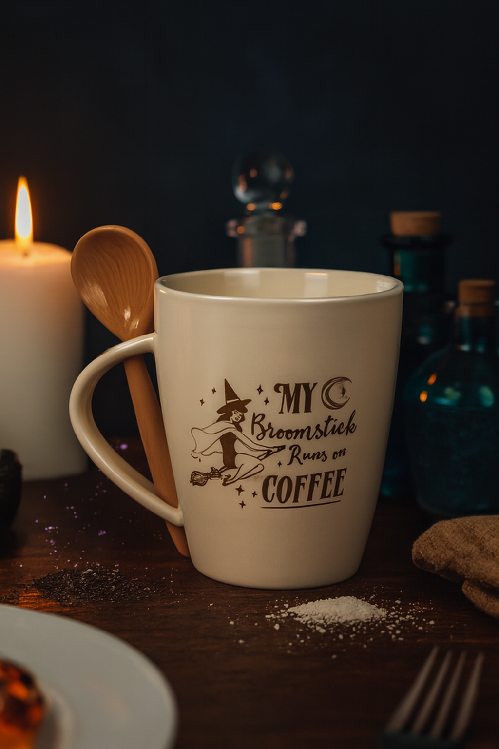 My Broomstick Runs on Coffee Mug & Spoon Set – Witchy Gift | Aura Luxe Collection