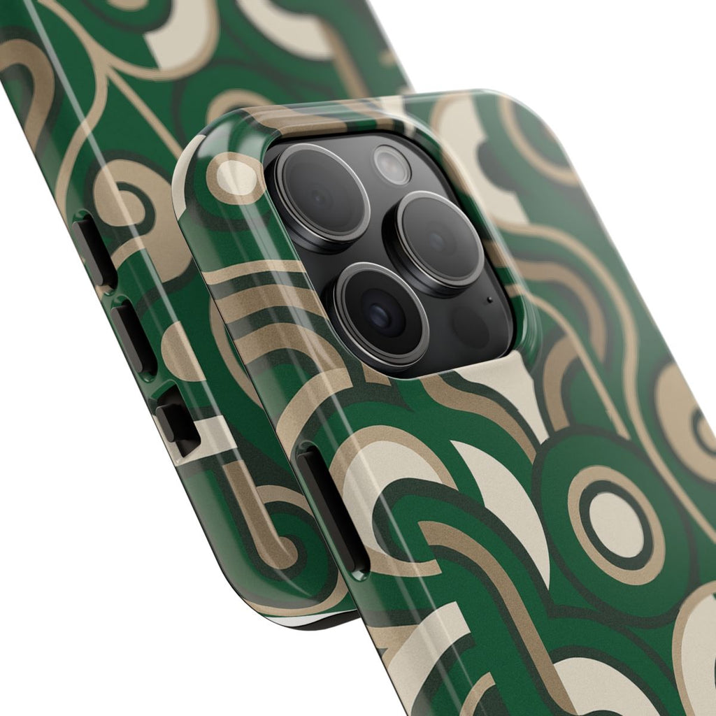 Emerald Retro Wave iPhone Case – Glossy Green Art Deco Phone Cover | Aura Luxe Collection