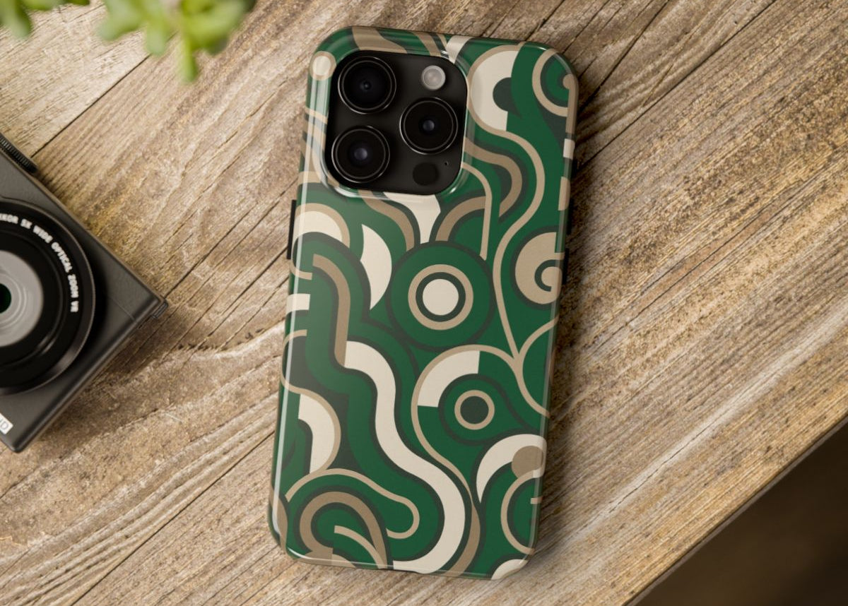 Emerald Retro Wave iPhone Case – Glossy Green Art Deco Phone Cover | Aura Luxe Collection
