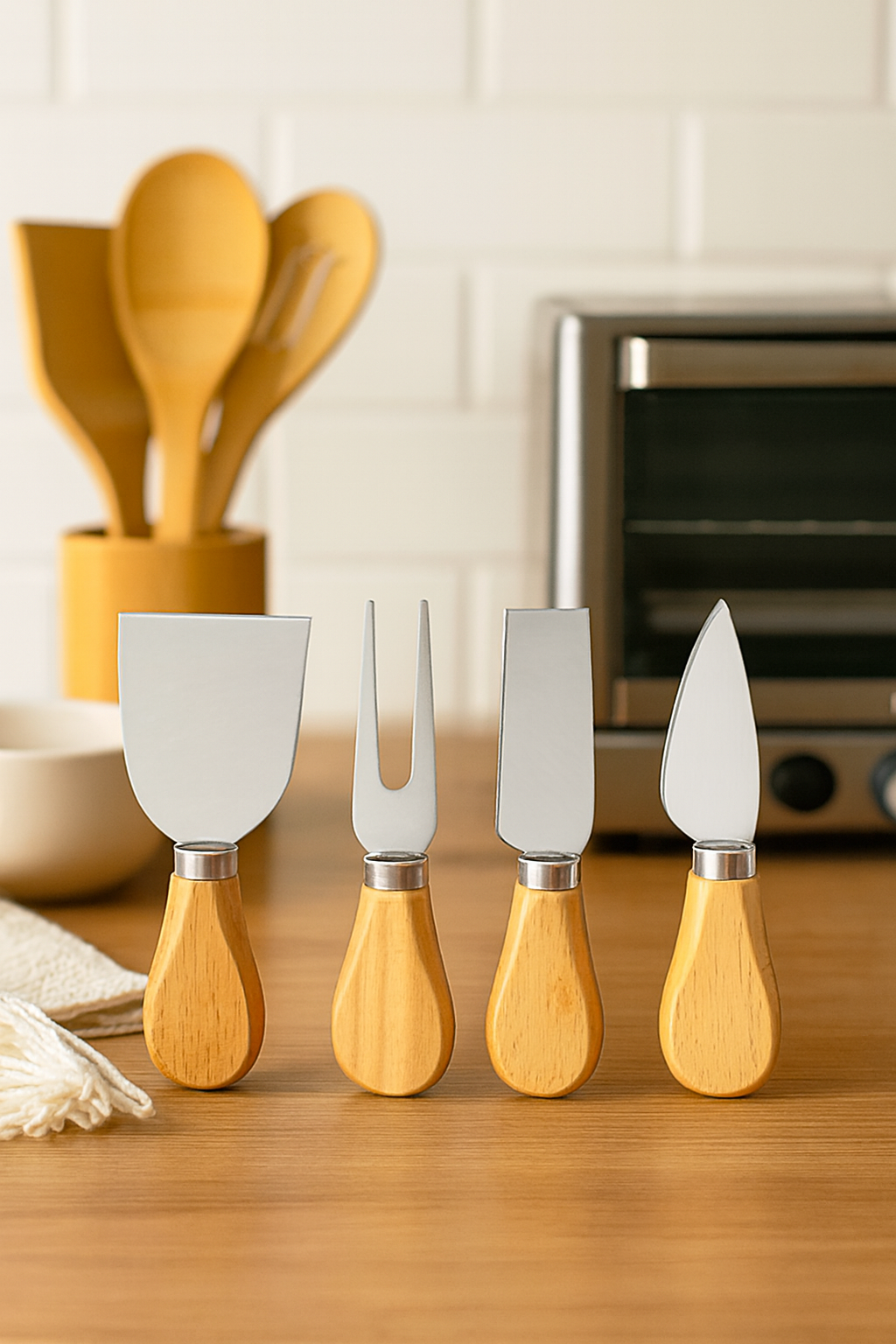 4-Piece Cheese Knife Set – 12cm Stainless Steel & Wooden Handle | Aura Luxe Collection